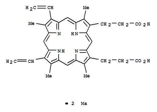 21H,23H-Porphine-2,18-dipropanoicacid, 7,12-diethenyl-3,8,13,17-tetramethyl-, sodium salt (1:2)